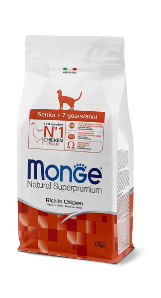 MONGE dry cat senior Chicken 1,5 kg, hrană pentru pisici senior