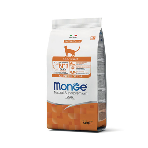 MONGE dry cat sterilised Duck 1,5 kg, hrană uscată pentru pisici sterilizate
