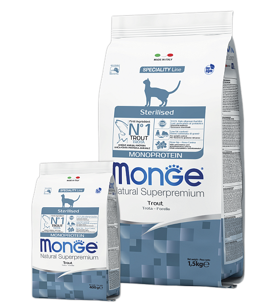 MONGE dry cat sterilised Trout 1,5 kg, hrană uscată pentru pisici sterilizate