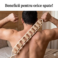 Aparat de masaj pentru spate din lemn, realizat din role netede.