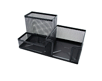 Organizator birou metalic, 3 compartimente, 20 x 10 x 10 cm, suport pixuri, notite adezive, plasa metalica, negru