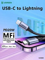 Cablu iPhone UGREEN Negru, Certificat MFi, USB-C la Lightning, Încărcare Rapidă 3A