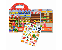 Joc educativ stickere reutilizabile silicon Supermarket, carte activitati copii, sticker book interactiv, joc creativ cu abtibilduri, invatare roluri si cumparaturi, cadou copii 3+ ani