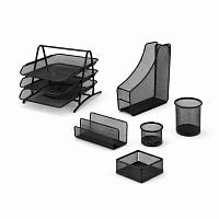Set birou metal mesh 7 piese, organizator office complet, tavite documente, suport reviste, suport pixuri, negru